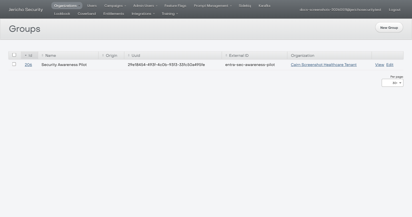 ActiveAdmin group list showing a synthetic Entra group for the same tenant.