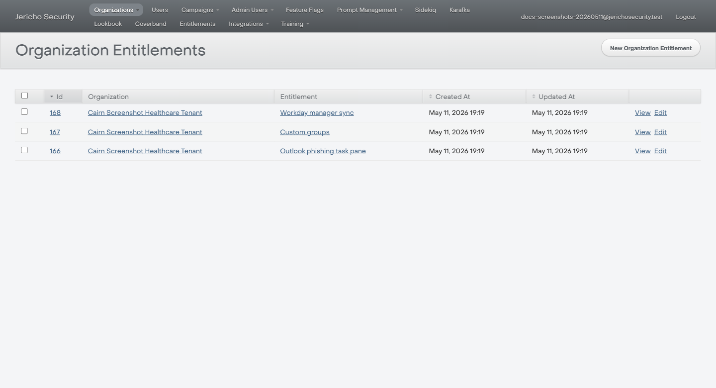 ActiveAdmin organization entitlements list showing synthetic feature access for a tenant.