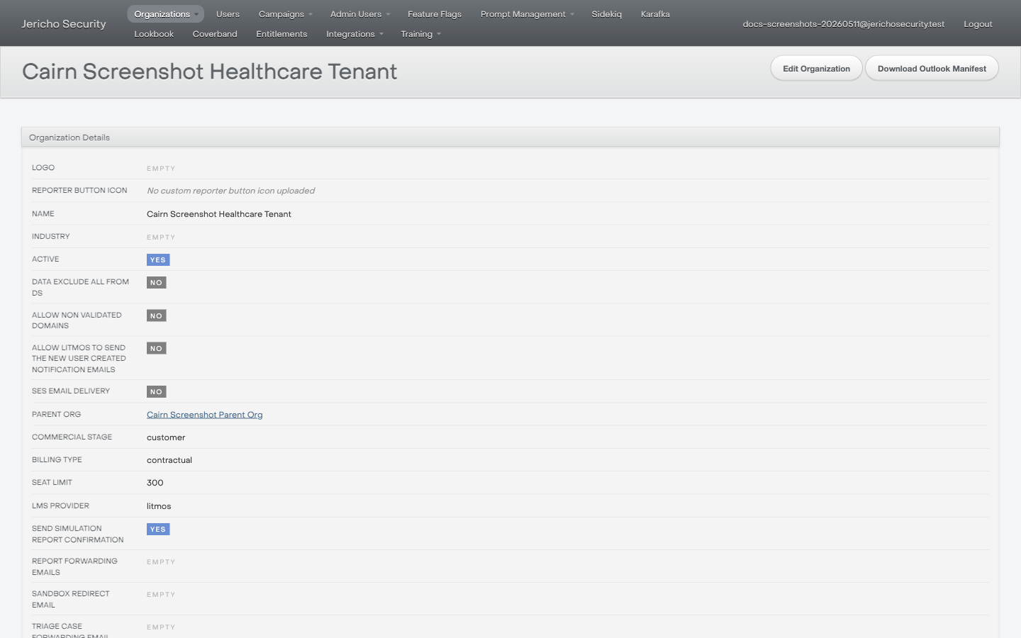 ActiveAdmin organization detail page for a synthetic staging tenant.