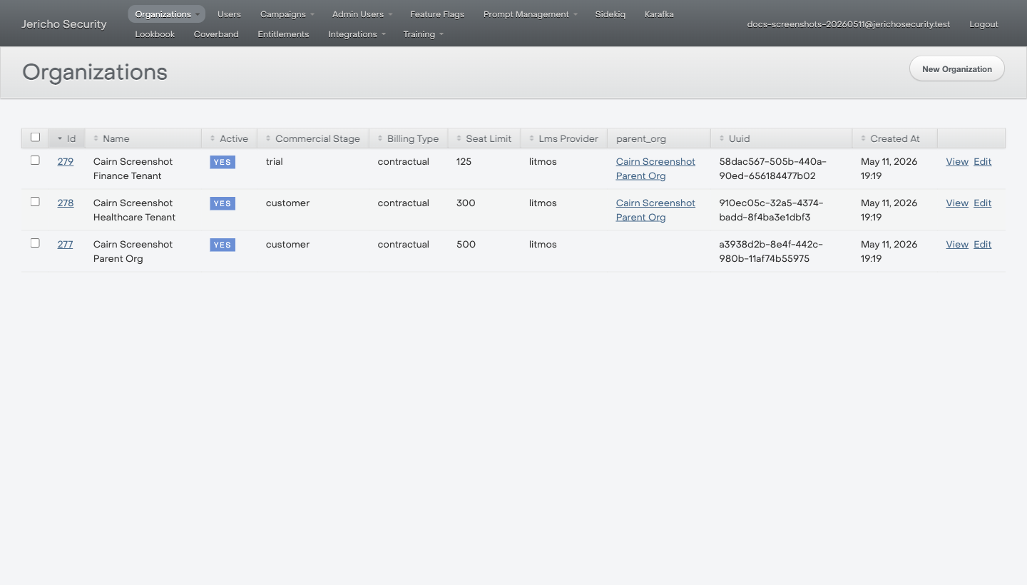 ActiveAdmin organization search showing a synthetic parent tenant and two child tenants.
