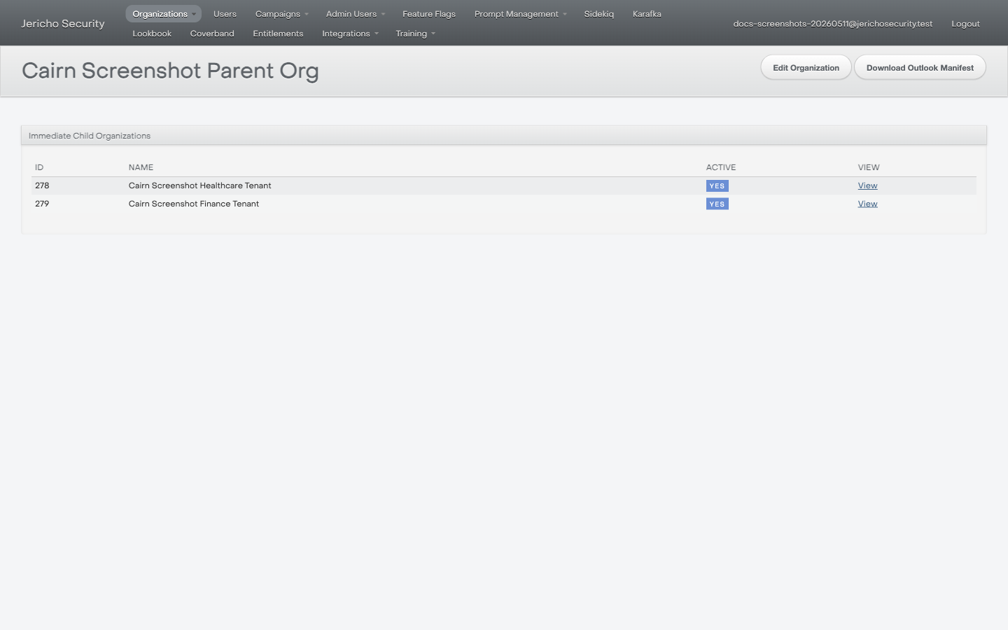 ActiveAdmin parent organization page showing immediate child organizations.