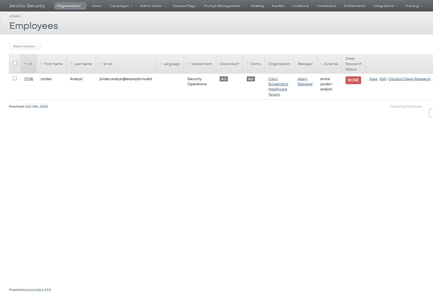 ActiveAdmin employee list showing synthetic Slack sync evidence for a user.