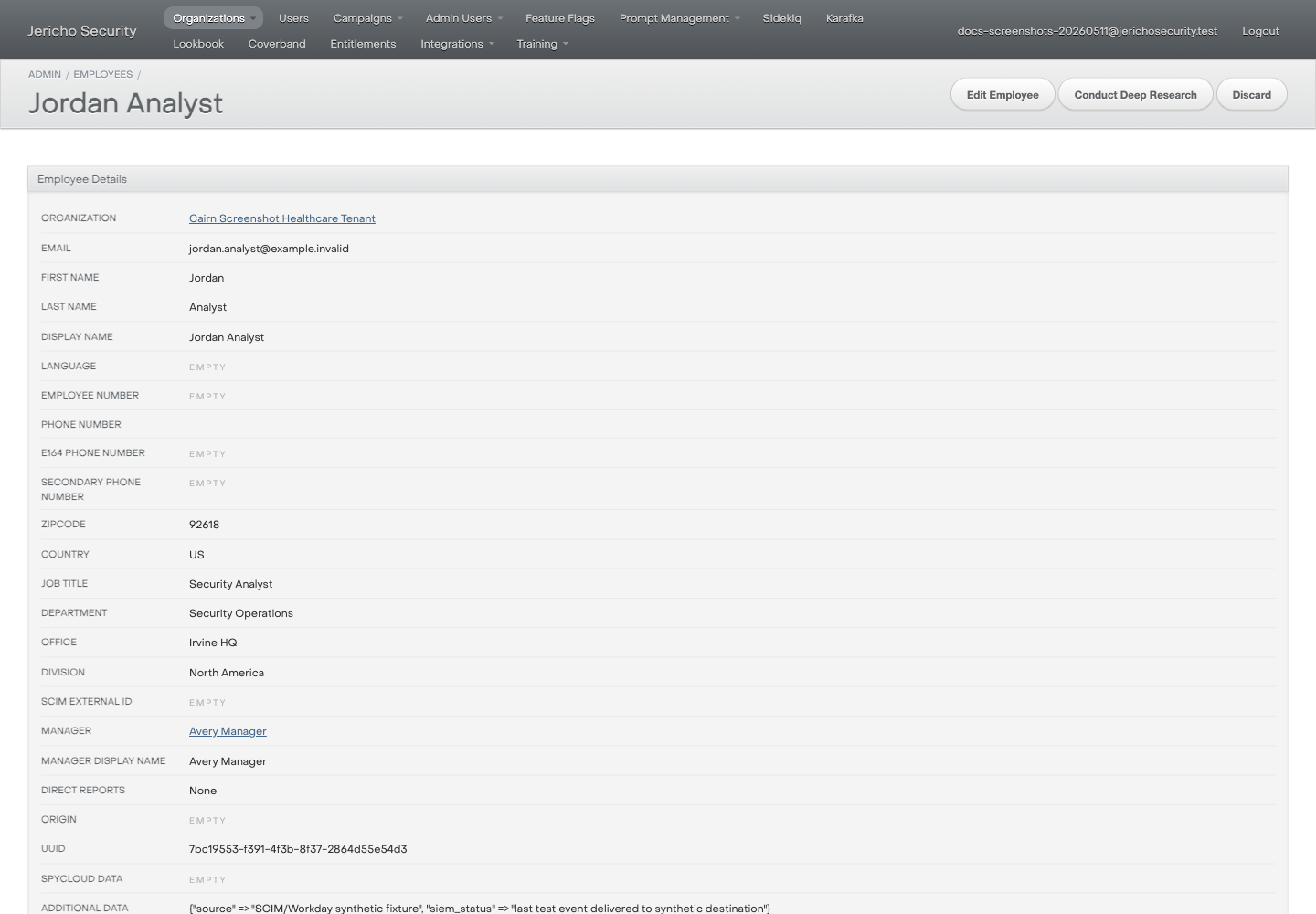 ActiveAdmin employee detail page showing a synthetic Workday-sourced manager relationship.